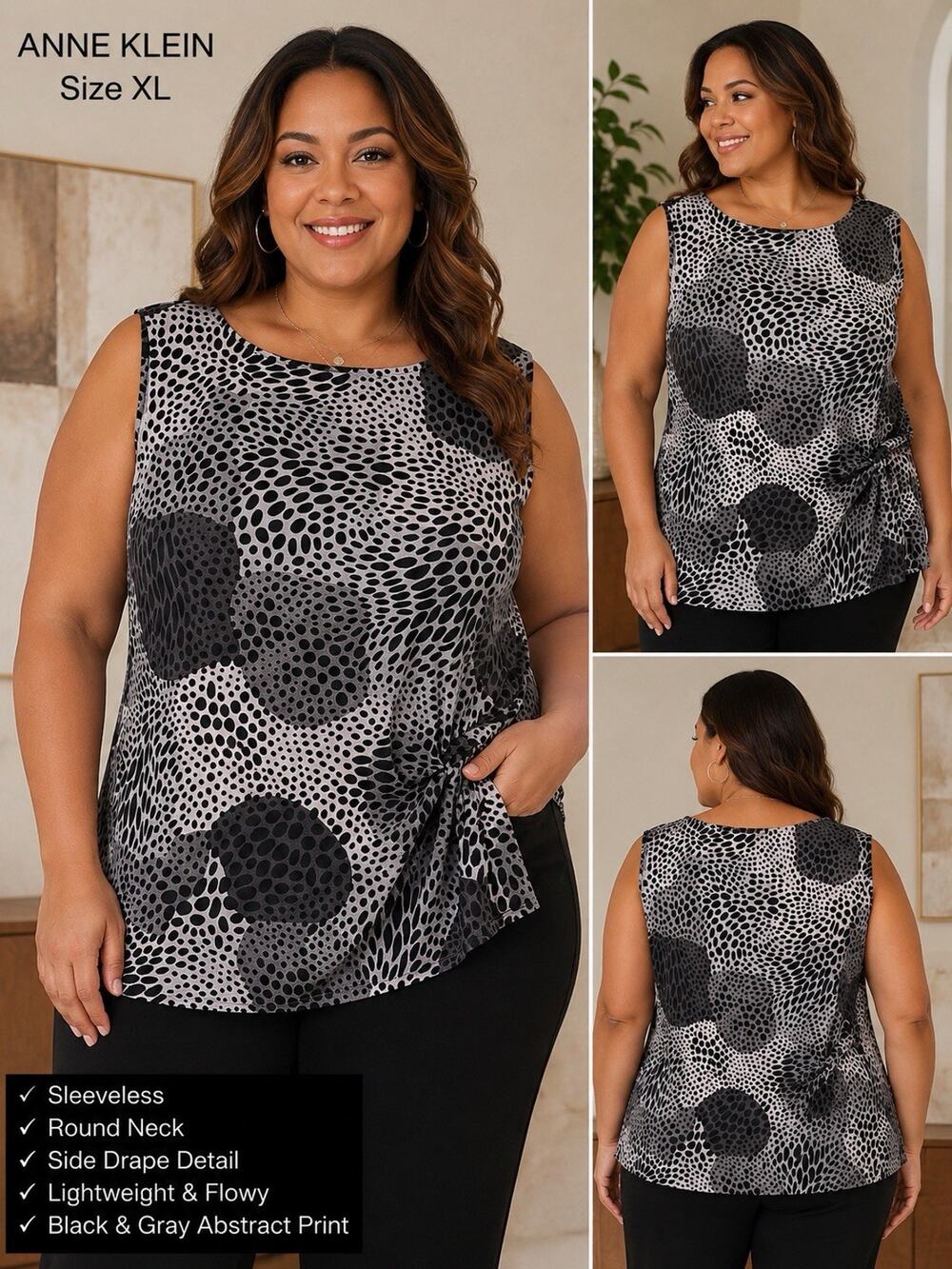 Anne Klein Women’s XL Black &White Abstract Dot Print Sleeveless Blouse Career